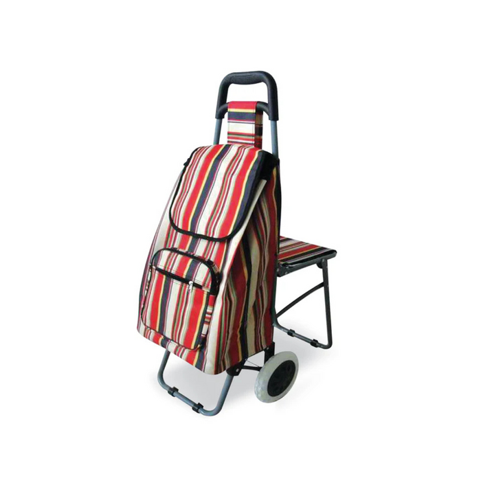 Shopping bag on wheels and a folding chair